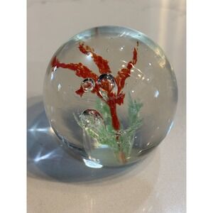 2.5 Inch  Dome‎ Shape Art Glass Paperweight Orange Flower Blue